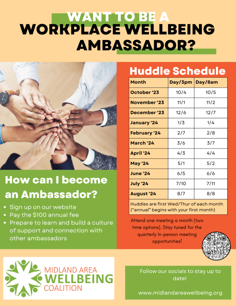 Huddle dates for the Midland Area Wellbeing Coalition's Workplace Ambassador Program