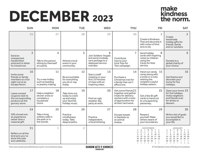 Random Acts of Kindness December 2023 Calendar