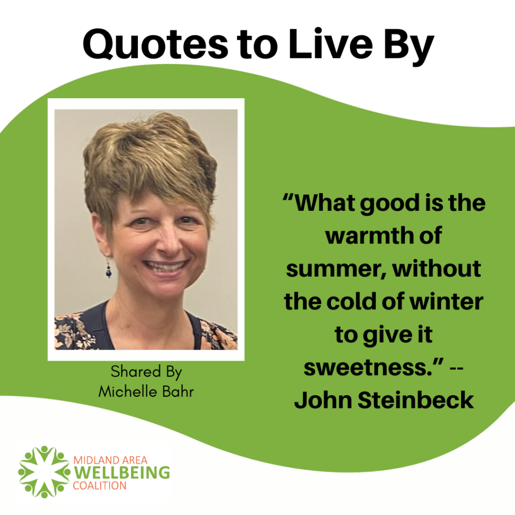 This is a Quote to Live By from Michelle Bahr and is brought to you by the Midland Area Wellbeing Coalition in Midland, Michigan.