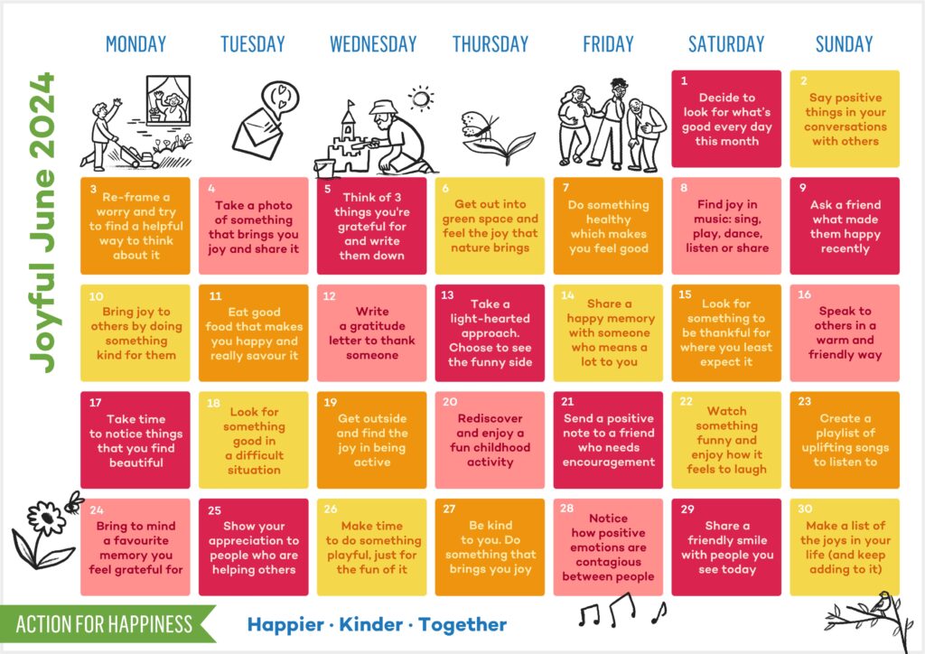 June calendar from Action for Happiness