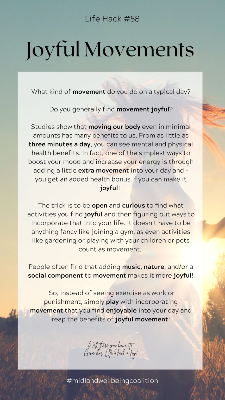 Michelle Bahr shares her Life Hack in Action about Joyful Movemeent. This is from the Midland Area Wellbeing Coalition in Midland, Michigan.