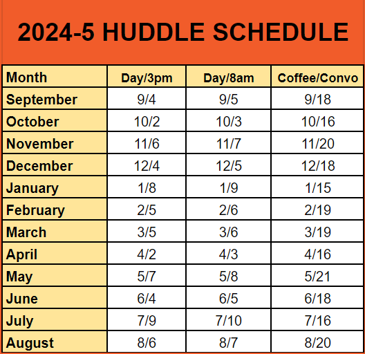 Dates for the Workplace Wellbeing Ambassador Program Huddles held virtually by the Midland Area Wellbeing Coalition in Midland, Michigan.