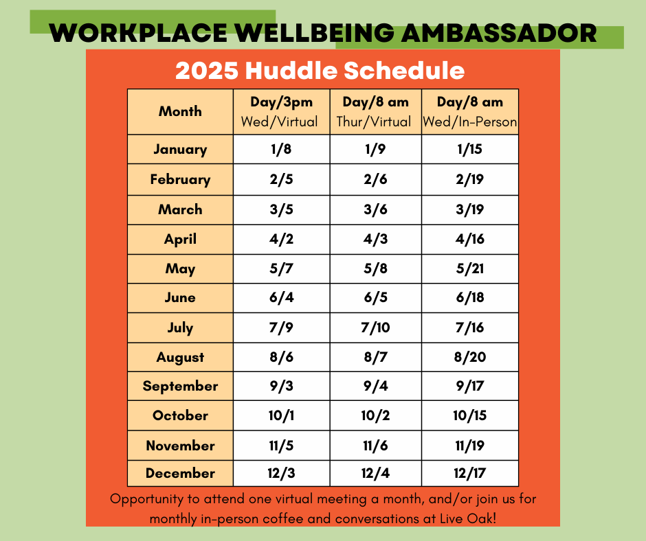 2025 Dates for the Workplace Wellbeing Ambassador Huddles in Midland, Michigan.