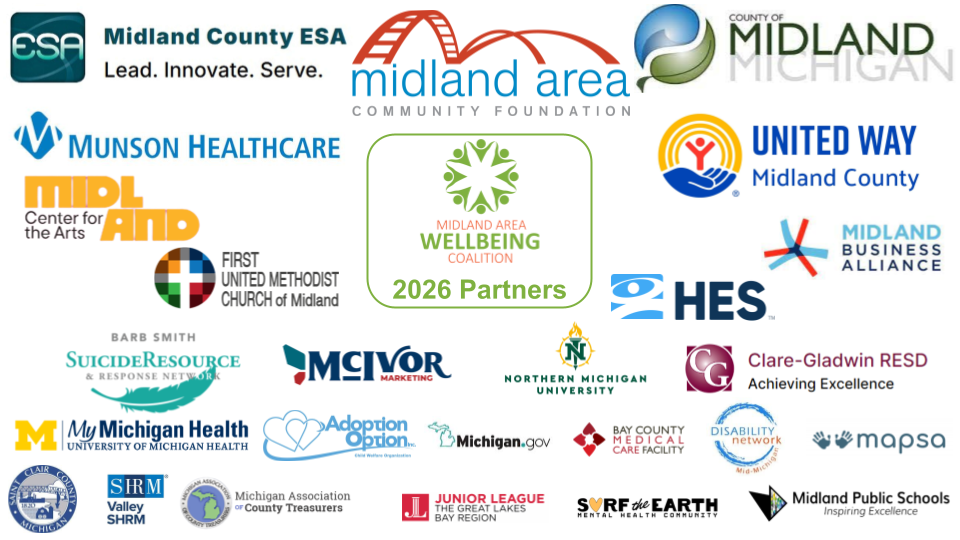 These are the logos of the businesses and organizations that receive services from the Midland Area Wellbeing Coalition in Midland, Michigan in 2026.