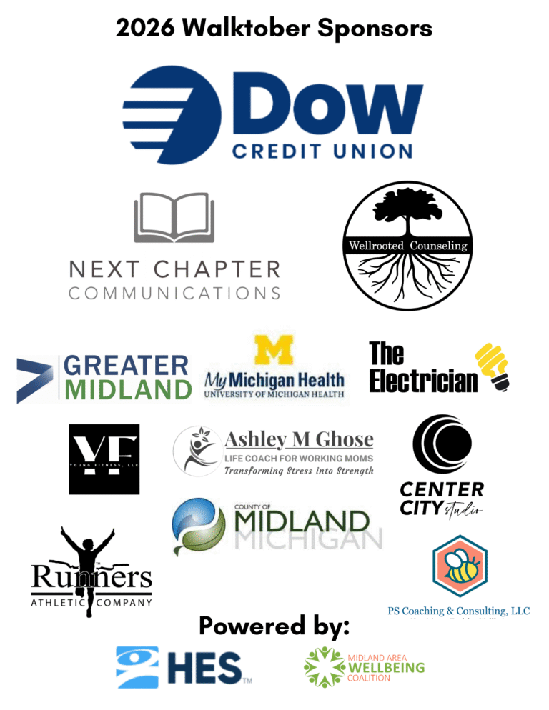 2026 Walktober Sponsor logos for the Midland Area Wellbeing Coalition in Midland, MI.